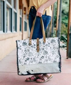 Myra Handbags & Wallets Black Cowhide & Ivory Floral Weekender Bag