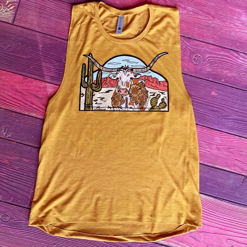 Thelattimoreclaim Mustard Laredo Longhorn Tank - Trendy Graphic Tee for Men and Women 3 Thelattimoreclaim Mustard Laredo Longhorn Tank Featured Graphic Tees