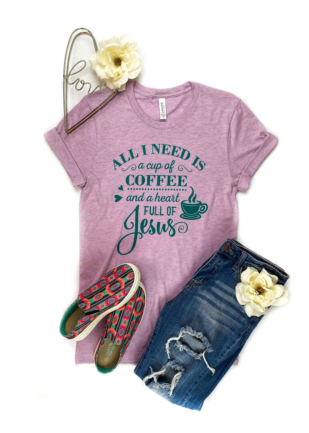 The Cinchy Cowgirl Lilac Coffee & Jesus Graphic Tee - Soft Short Sleeve Top 3 The Cinchy Cowgirl Clothing Lilac Coffee & Jesus Graphic Tee