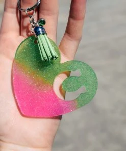 The Cinchy Cowgirl Lime Green & Pink Horseshoe Heart Keychain (Lime Tassel)