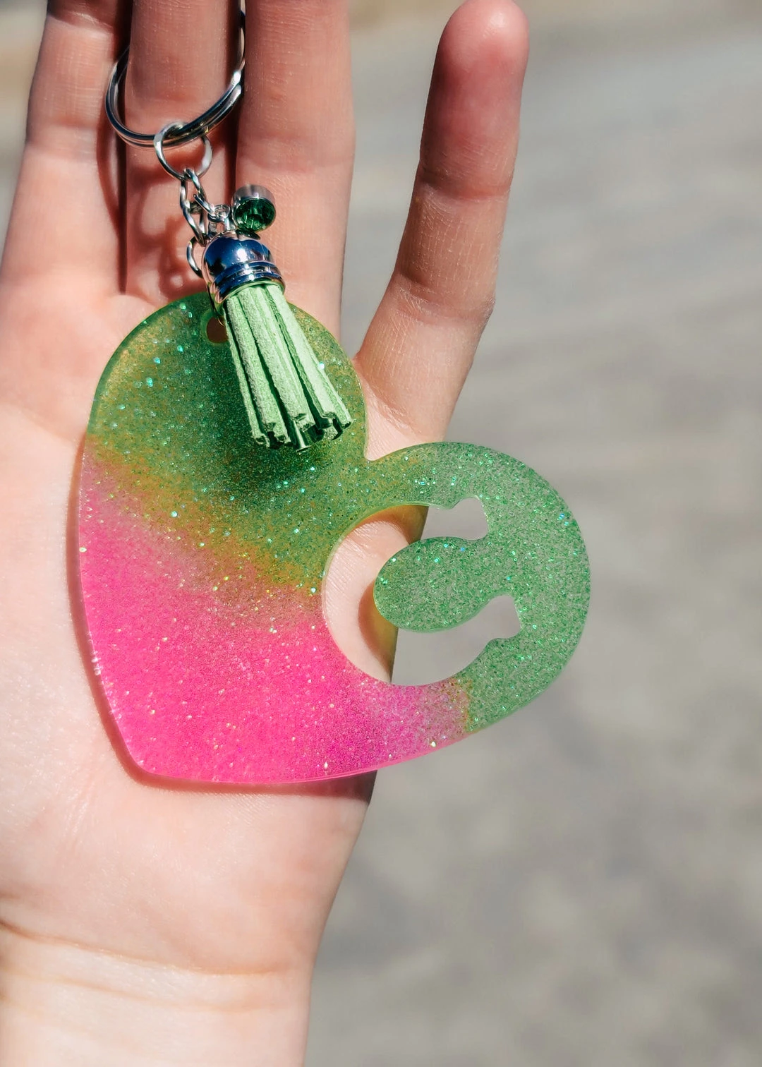 Cinchy Cowgirl Lime Green & Pink Horseshoe Heart Keychain with Lime Tassel - Unique Resin Keychain 3 The Cinchy Cowgirl Lime Green & Pink Horseshoe Heart Keychain (Lime Tassel)