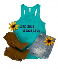 The Cinchy Cowgirl Teal Live More Worry Less Graphic Tank Clothing
