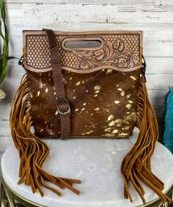 American Darling Brown Metallic Cowhide Fringe Crossbody Handbag