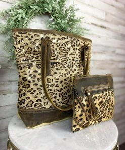 Myra Leopard Metallic Tote & Wristlet Handbag Set Handbags & Wallets