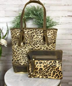 Myra Leopard Metallic Tote & Wristlet Handbag Set Handbags & Wallets