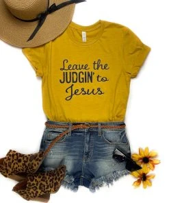 The Cinchy Cowgirl Clothing Mustard Leave The Judgin' To Jesus Short Sleeve Graphic Tee