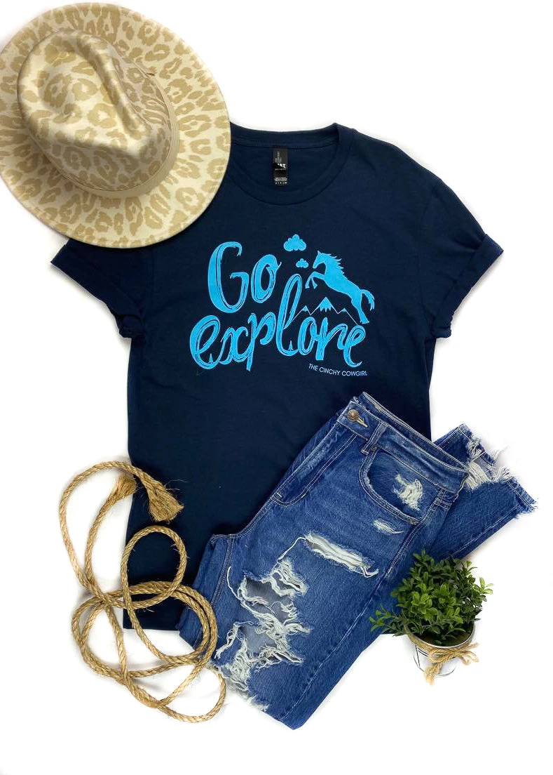 The Cinchy Cowgirl Navy Go Explore Short Sleeve Tee - Stylish Graphic Tee for Women 3 The Cinchy Cowgirl Clothing Navy Go Explore Short Sleeve Tee