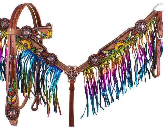 Shiloh Rainbow Fringe Sunflower Headstall Set for Horses & Dogs - Durable & Stylish 3 Shiloh Rainbow Fringe Sunflower Headstall Set