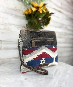 Sixtease Handbags & Wallets Red & Blue Aztec Cowhide Wristlet Pouch