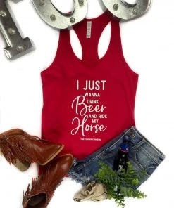 The Cinchy Cowgirl Red Drink Beer & Ride My Horse Tank Top Clothing