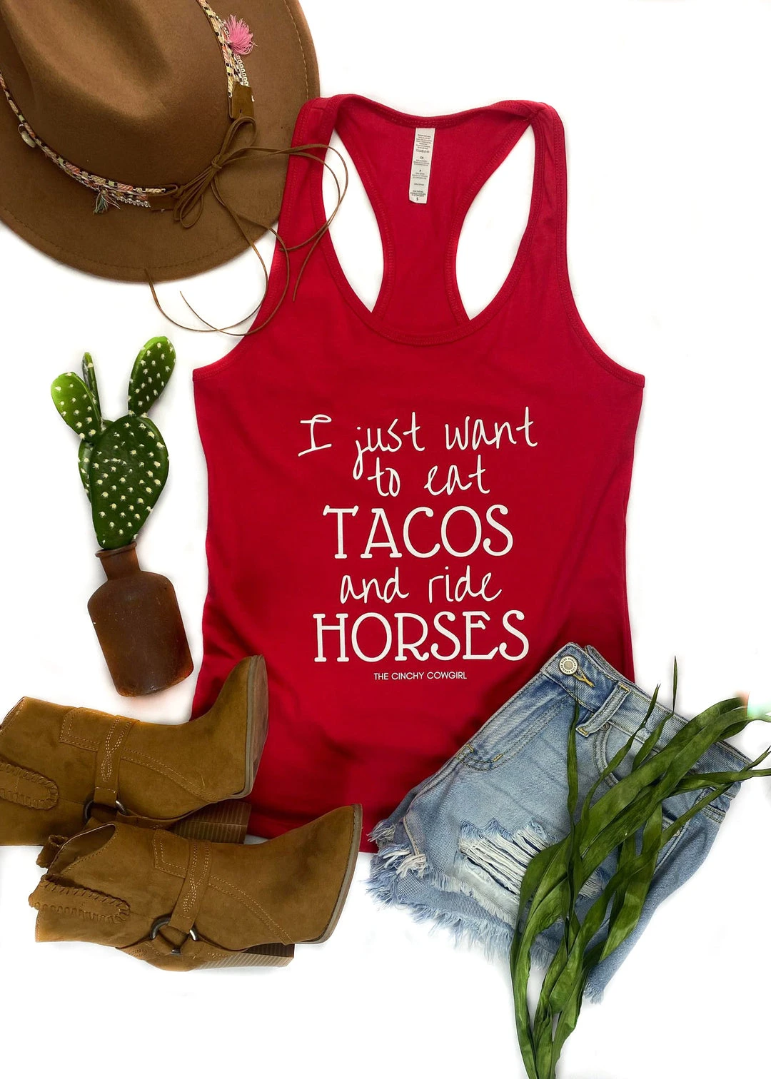The Cinchy Cowgirl Red 'Eat Tacos & Ride Horses' Graphic Tank Top | Women's Casual Clothing 3 The Cinchy Cowgirl Clothing Red Eat Tacos & Ride Horses Tank Top