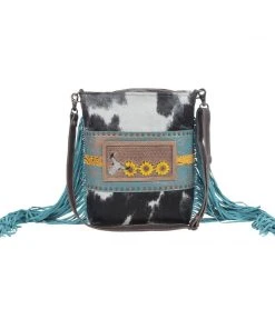 Myra Kara Cowhide & Sunflower Turquoise Fringe Handbag