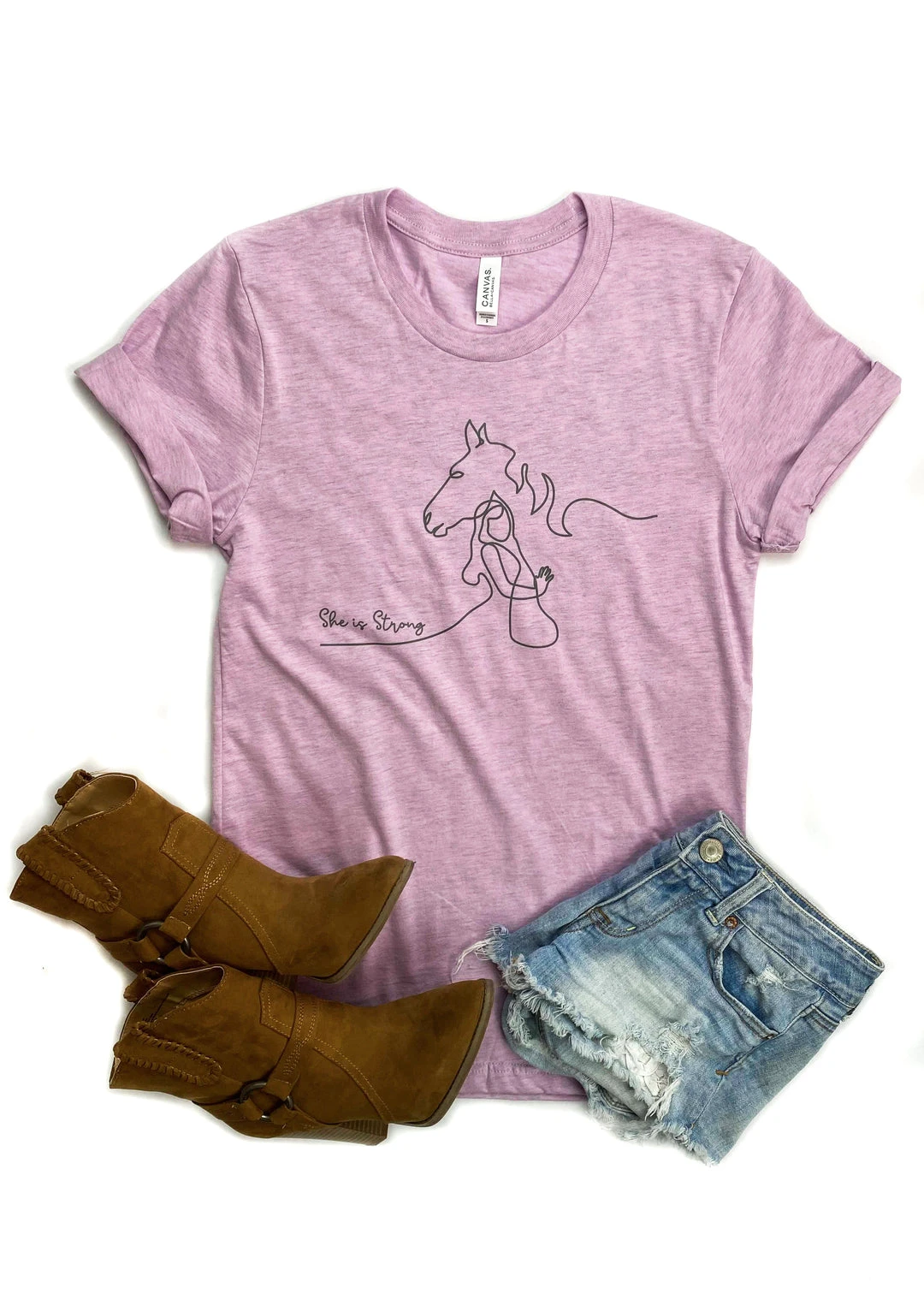 Cinchy Cowgirl Strong Horse Lilac Short Sleeve Graphic Tee - Women's Casual Top 3 The Cinchy Cowgirl Clothing She Is Strong Horse Lilac Short Sleeve Graphic Tee