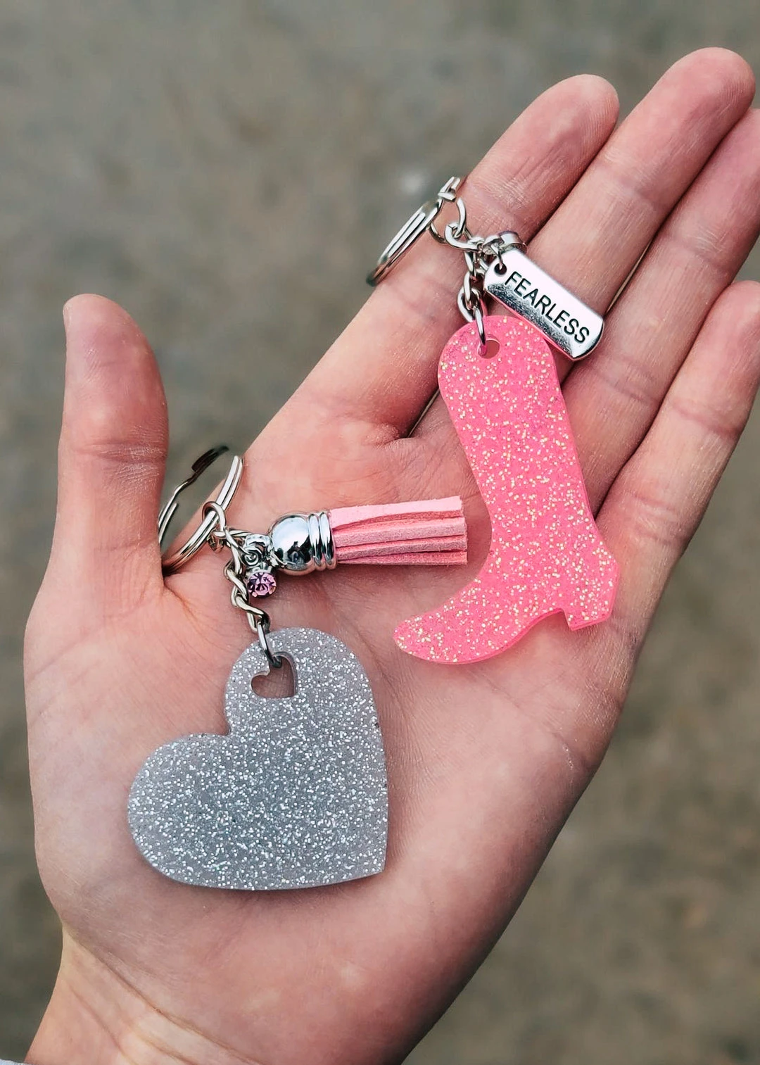 The Cinchy Cowgirl Resin Keychains Silver Heart & Pink Boot (Set Of 2) Keychain