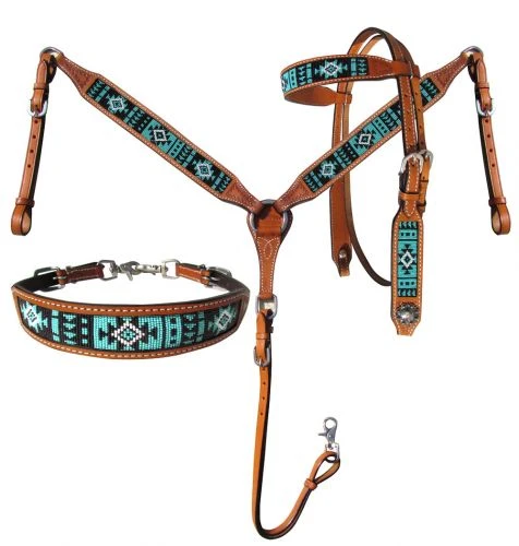 Shiloh Teal & Black Beaded Aztec 3-Piece Headstall Set for Horses – Premium Quality Headstall Sets 3 Shiloh Teal & Black Beaded Aztec 3 Piece Headstall Set Headstall Sets