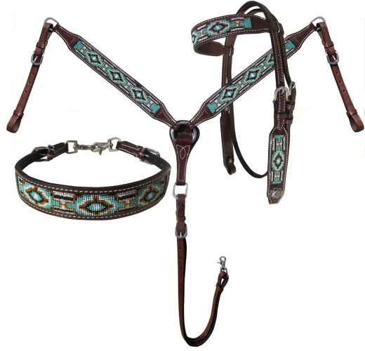 Shiloh Teal & Gold Beaded 3 Piece Headstall Set for Horses | Elegant & Durable 3 Shiloh Teal & Gold Beaded 3 Piece Headstall Set