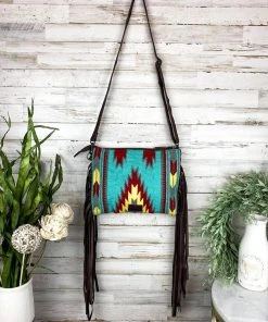 American Darling Teal Aztec Saddle Blanket & Floral Tooled Leather Crossbody Handbags & Wallets