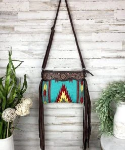 American Darling Teal Aztec Saddle Blanket & Floral Tooled Leather Crossbody Handbags & Wallets
