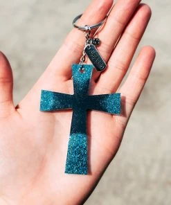 The Cinchy Cowgirl Teal & Black Blessed Cross Keychain