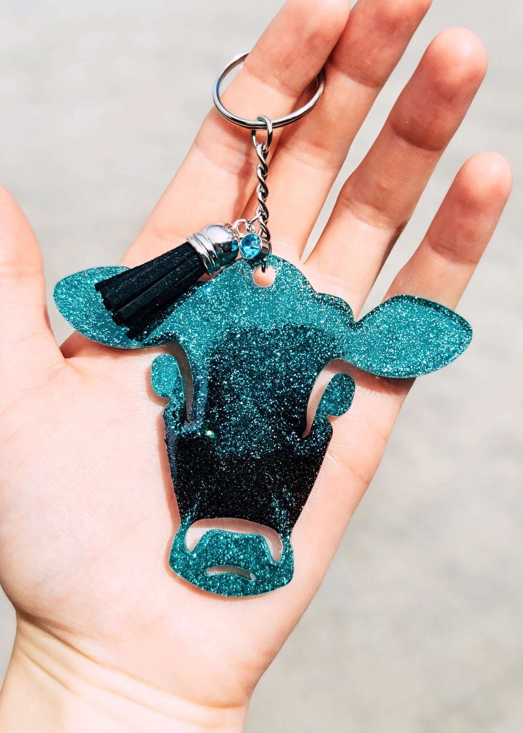 Teal & Black Cow Head Keychain - The Cinchy Cowgirl Accessories, Unique Resin Keychain Gift 3 The Cinchy Cowgirl Accessories, Gifts & More Teal & Black Cow Head Keychain