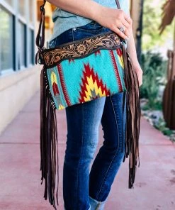 American Darling Teal Aztec Saddle Blanket & Floral Tooled Leather Crossbody Handbags & Wallets