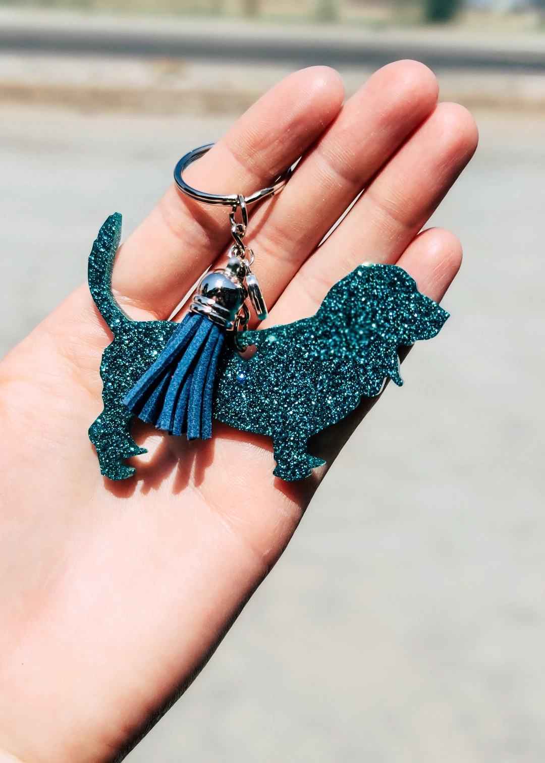 The Cinchy Cowgirl Teal Basset Hound Resin Keychain - Unique Handmade Accessory 3 The Cinchy Cowgirl Teal Basset Hound Keychain
