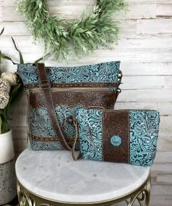 Myra Teal Tooled Handbag & Wristlet/Pouch