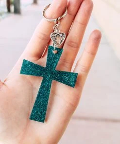 The Cinchy Cowgirl Accessories, Gifts & More Teal Cross Heart Keychain