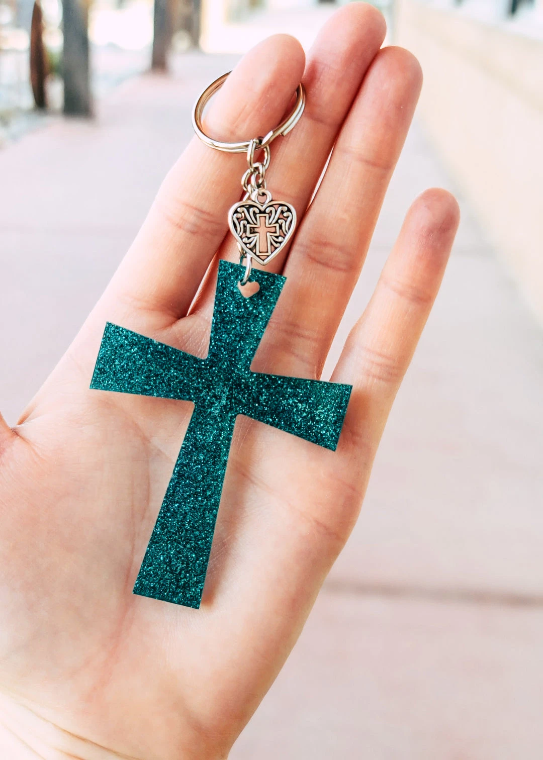 Teal Cross Heart Keychain - Cinchy Cowgirl Resin Keychain Accessory & Gift 3 The Cinchy Cowgirl Accessories, Gifts & More Teal Cross Heart Keychain