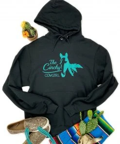 The Cinchy Cowgirl TCC Logo Gear Black Teal Logo Unisex Hoodie [FREE Logo Sticker!]