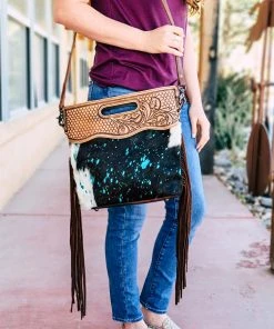 American Darling Teal Metallic Cowhide Fringe Crossbody Handbag
