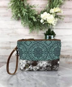 Myra Teal Pattern Cowhide Pouch/Wristlet