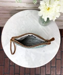 Myra Teal Pattern Cowhide Pouch/Wristlet