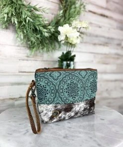 Myra Teal Pattern Cowhide Pouch/Wristlet