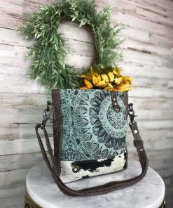 Myra Teal Pattern Floral Cowhide Crossbody Handbag - Stylish & Durable 11 Myra Teal Pattern Floral Cowhide Crossbody Handbag