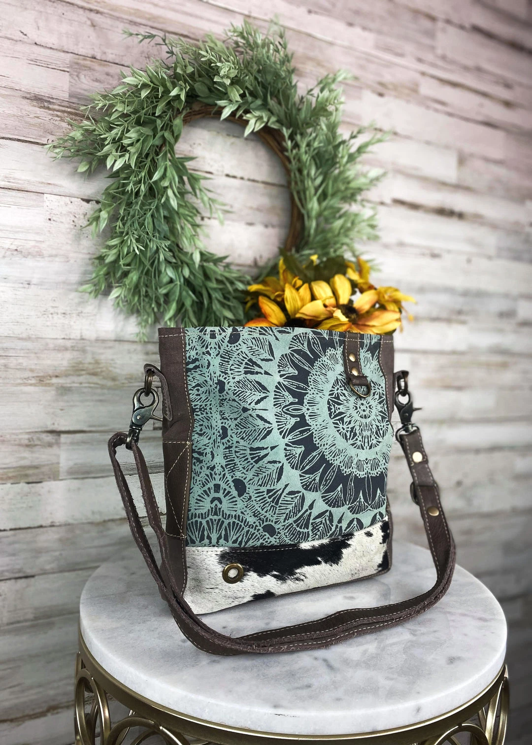 Myra Teal Pattern Floral Cowhide Crossbody Handbag - Stylish & Durable 6 Myra Teal Pattern Floral Cowhide Crossbody Handbag