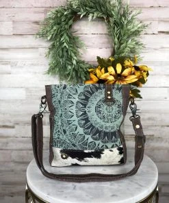 Myra Teal Pattern Floral Cowhide Crossbody Handbag - Stylish & Durable 10 Myra Teal Pattern Floral Cowhide Crossbody Handbag