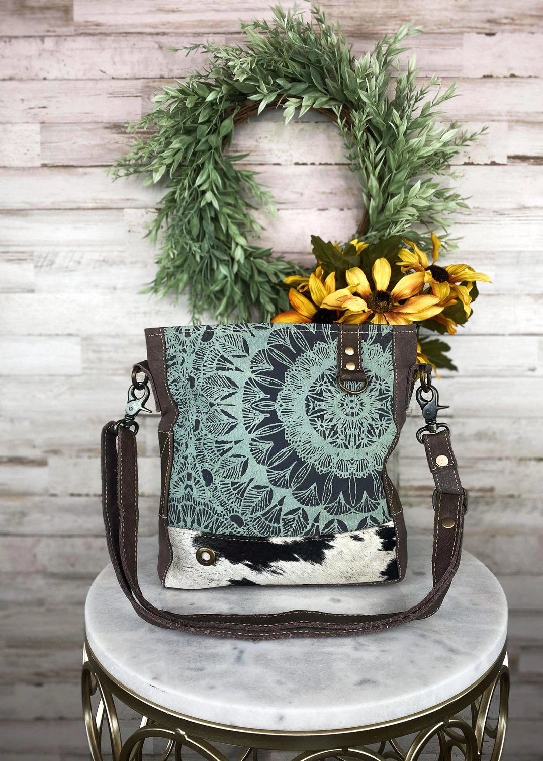 Myra Teal Pattern Floral Cowhide Crossbody Handbag - Stylish & Durable 5 Myra Teal Pattern Floral Cowhide Crossbody Handbag