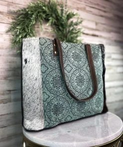 Myra Teal Pattern Cowhide Tote Handbag Handbags & Wallets