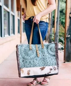 Myra Teal Pattern Cowhide Weekender Bag