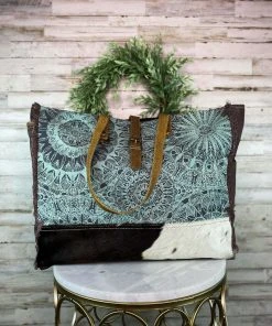 Myra Teal Pattern Cowhide Weekender Bag