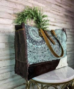 Myra Teal Pattern Cowhide Weekender Bag