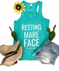 The Cinchy Cowgirl Teal Resting Mare Face Tank Top Clothing