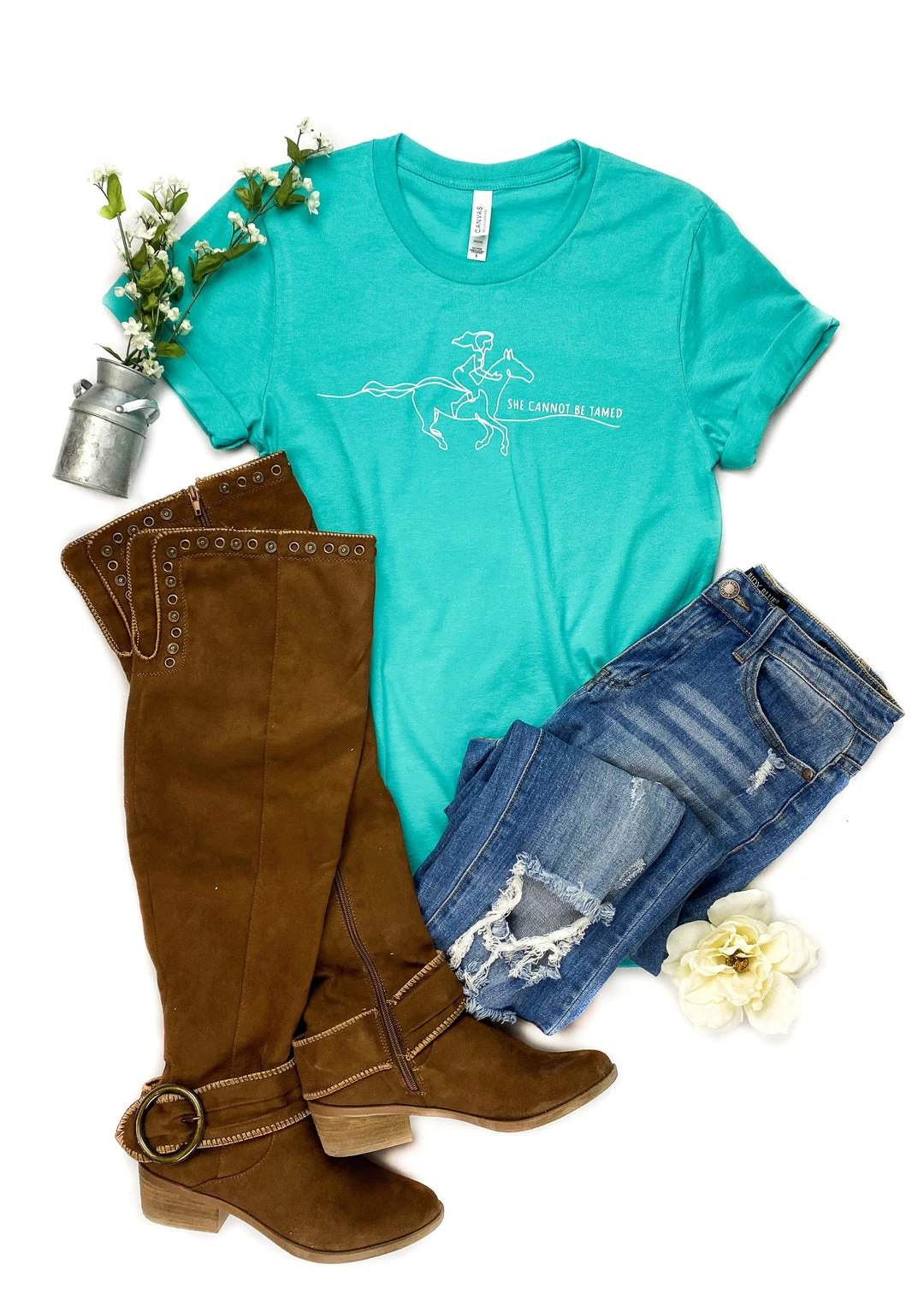 Cinchy Cowgirl Teal Graphic Tee - She Cannot Be Tamed Short Sleeve T-Shirt 3 The Cinchy Cowgirl Clothing Teal She Cannot Be Tamed Short Sleeve Graphic Tee