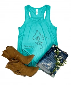 The Cinchy Cowgirl She Is Strong Horse Teal Graphic Tank