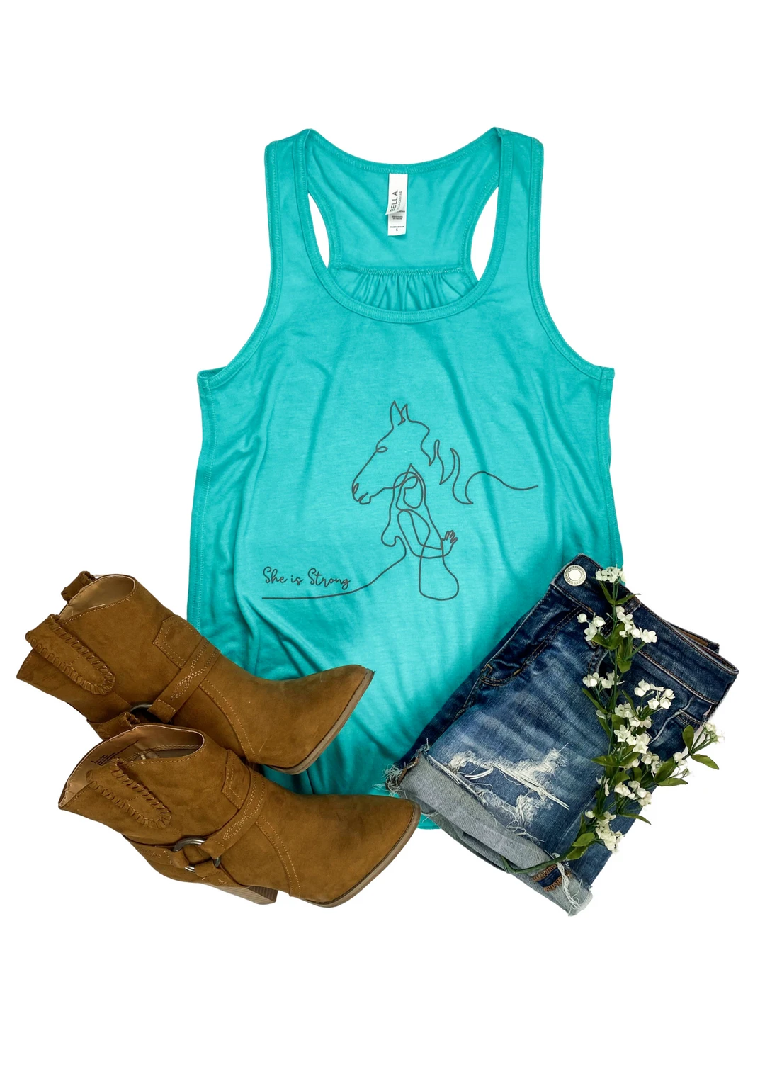 The Cinchy Cowgirl She Is Strong Horse Teal Graphic Tank - Women's Short Sleeve Tee 3 The Cinchy Cowgirl She Is Strong Horse Teal Graphic Tank