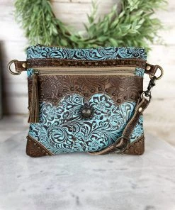 Myra Teal Tooled Leather Crossbody Handbag