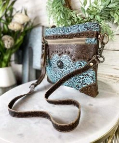 Myra Teal Tooled Leather Crossbody Handbag