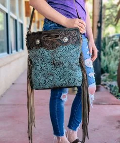Myra Handbags & Wallets Teal Tooled Fringe Handbag