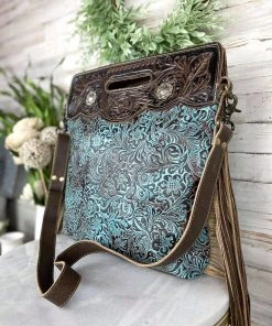 Myra Handbags & Wallets Teal Tooled Fringe Handbag